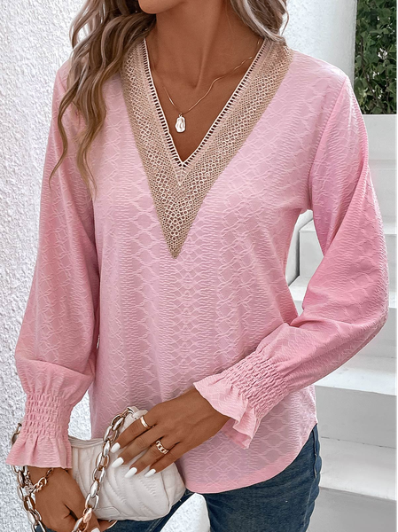 

Loose Casual V Neck Plain Shirt, Pink, Shirts & Blouses
