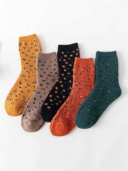 

5pairs Leopard Pattern Warmth Crew Mid-calf Socks, Color2, Socks