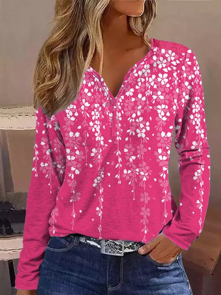 

Loose Floral V Neck Casual T-Shirt, Rose red, T-Shirts