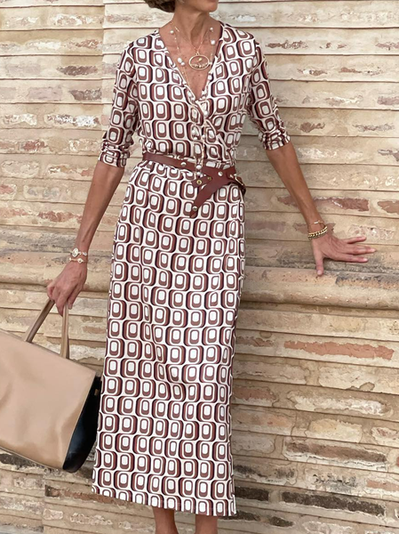 

Regular Fit Geometric Casual V Neck Dress, Brick red, Dresses