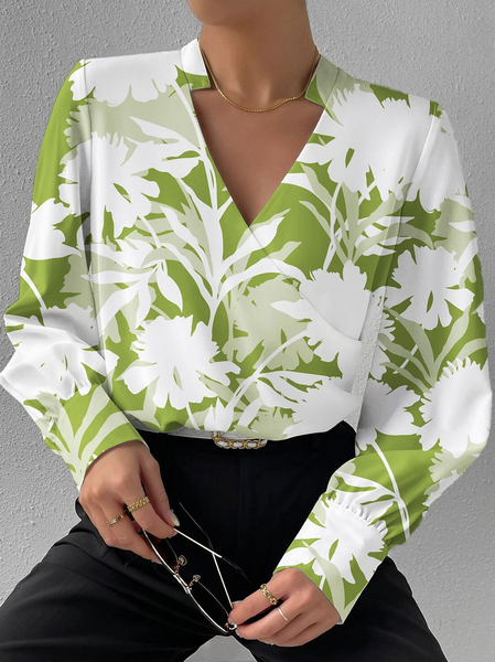

Loose Floral Casual V Neck Shirt, Green, Shirts & Blouses