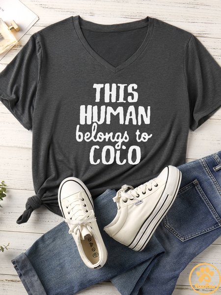 

Women’s This Human Belonyo To Coco Casual Text Letters V Neck Regular Fit T-Shirt Pet Matching T-Shirt, Gray, T-shirts