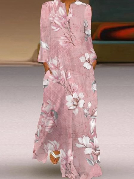 Floral Loose Casual Notched Dress, Pink, Maxi Dresses