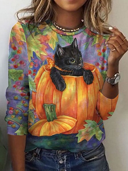

Cat Knitted Casual Crew Neck T-Shirt, Orange, T-Shirts