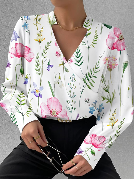 

V Neck Elegant Floral Loose Shirt, White, Shirts & Blouses