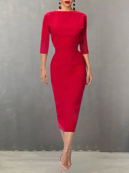 

Three Quarter Sleeve Elegant Boat Neck Regular Fit Dress, Red, Midi Dresses