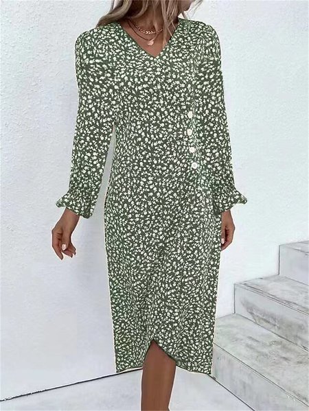 

Small Floral Regular Fit V Neck Casual Dress With No Belt, Green, Dresses