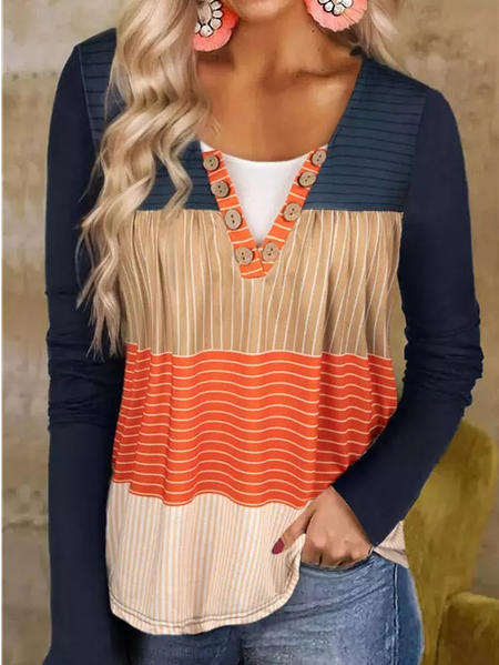 

Color Block Casual Loose V Neck T-Shirt, Dark blue, T-Shirts
