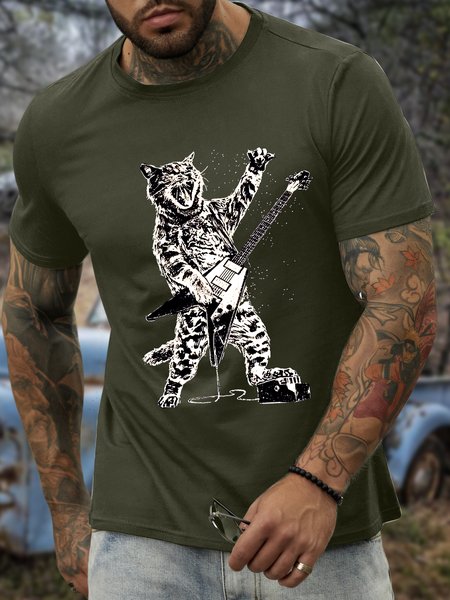 Men’s Rock Cat Animal Casual Crew Neck T-Shirt, Army green, T-shirts
