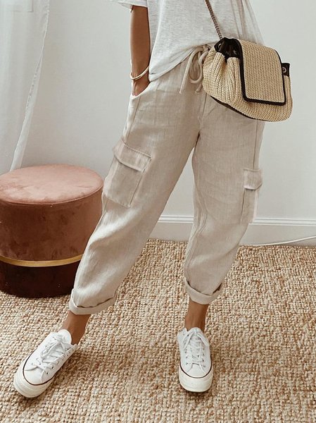 

Loose Casual Plain Cargo Pants, Apricot, Bottoms