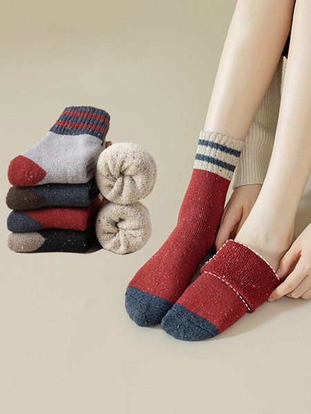 

5pairs Color Block Striped Warmth Crew Mid-calf Socks, As picture, Socks
