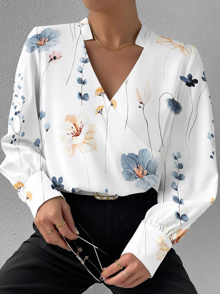 

Casual V Neck Loose Floral Shirt, White, Shirts & Blouses