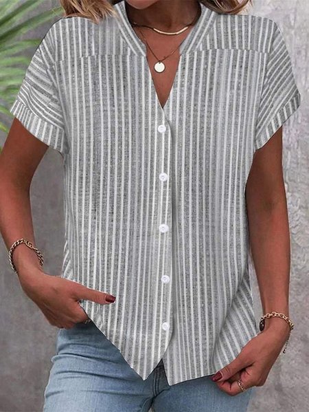 

Stand Collar Casual Striped Shirt, Gray, Shirts & Blouses