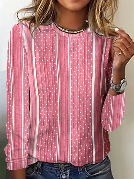 

Crew Neck Geometric Casual Loose T-Shirt, Pink, T-Shirts