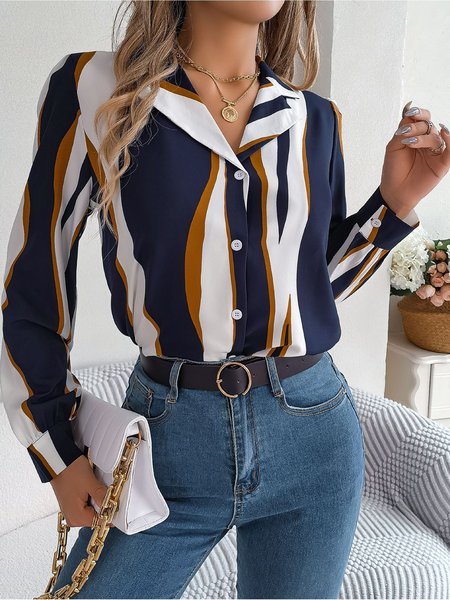 

Shawl Collar Geometric Casual Loose Blouse, Deep blue, Shirts & Blouses