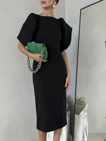 

Boat Neck Regular Fit Plain Elegant Dress, Black, Midi Dresses