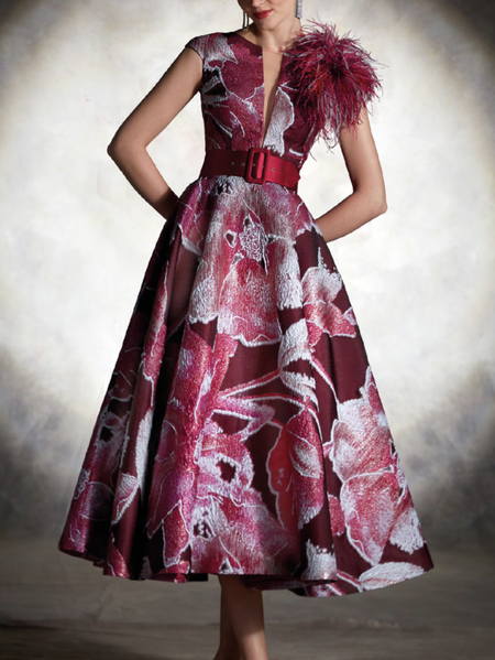 

Elegant V Neck Floral Wedding Guest Dress With Belt, Red, Midi Dresses