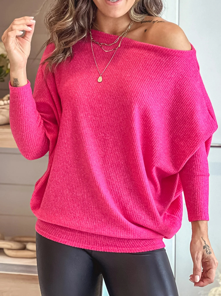 

Batwing Sleeve Casual One Shoulder Shirt, Rose red, Shirts & Blouses