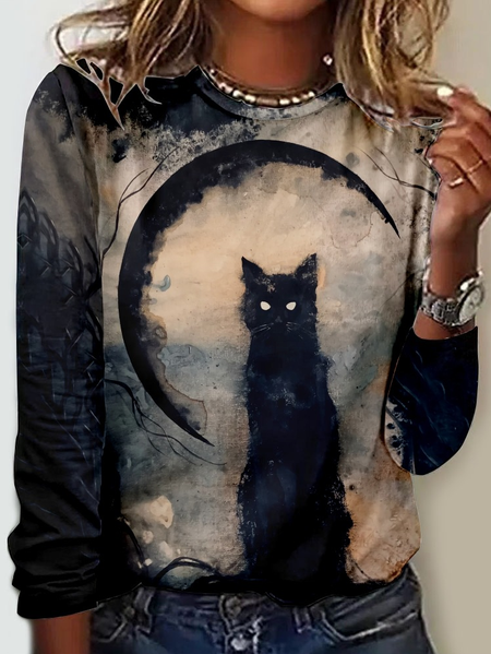 

Women's Black Cat Casual Shirt, As picture, Long sleeves