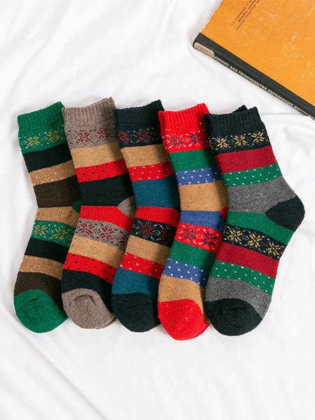 

5pairs Christmas Striped Snowflake Warmth Crew Mid-calf Socks, As picture, Socks