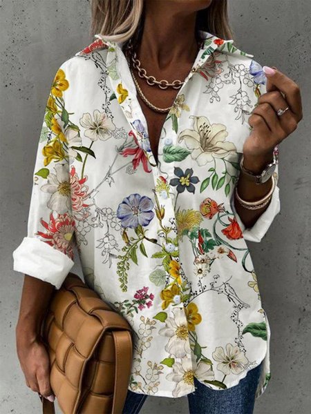 

Casual Shawl Collar Floral Loose Blouse, White, Shirts & Blouses