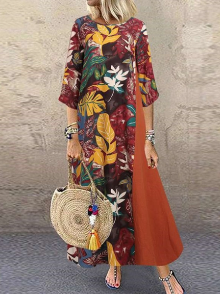 

Loose Color Block Casual Crew Neck Dress, Orange red, Maxi Dresses