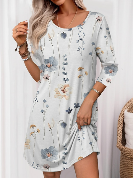 

Loose Floral Casual Crew Neck Dress, White, Dresses