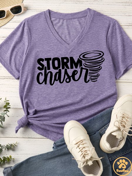 

Women’s Storm Text Letters V Neck Casual T-Shirt Pet Matching T-Shirt, Purple, T-shirts