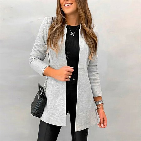 

Stand Collar Plain Long Sleeve Casual Blazer, White-gray, Blazers