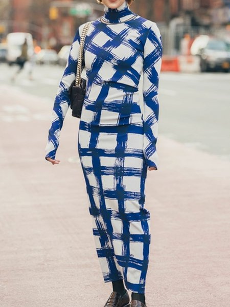 

Striped Urban Half Turtleneck Dress, White-blue, Maxi Dresses
