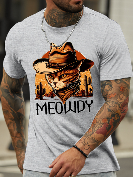 

Meowing cat cowboy kitten Men's Crew Neck Loose Cat Casual T-Shirt, Light gray, T-shirts