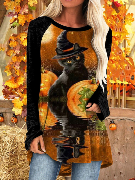

Loose Casual Crew Neck Halloween T-Shirt, Black, Long sleeves