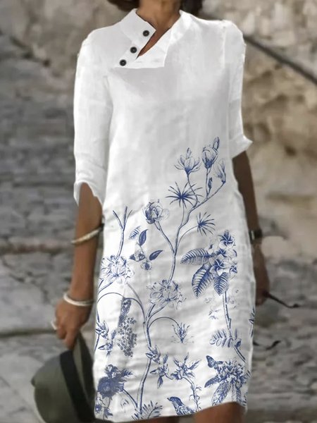 

Women Casual Floral Half Open Collar Button 3/4 Sleeve Dress, Blue, Mini Dresses