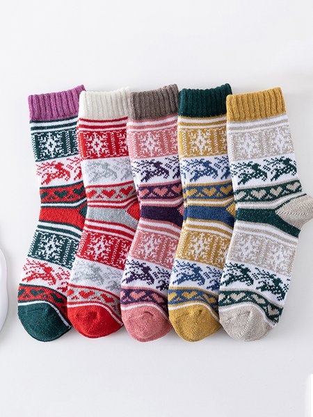 

5pairs Christmas Elk Color Block Warmth Crew Mid-calf Socks, Multicolor, Socks