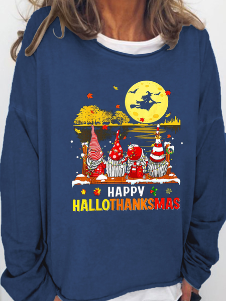 

Women's Happy Hallothanksmas Gnomes Simple Loose Text Letters Sweatshirt, Dark blue, Hoodies&Sweatshirts