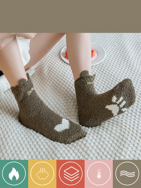 

Cat Heart Shape Warm Plus Fleece Coral Fleece Floor Socks, Army green, Socks