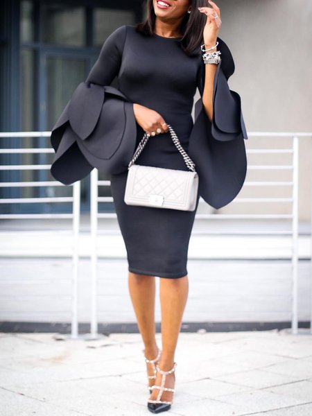 

Crew Neck Plain Urban Petal Sleeve Regular Fit Dress, Black, Midi Dresses