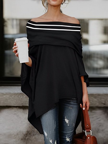 

Boat Neck Loose Urban Long Sleeve Shirt, Black, Blouses and Shirts