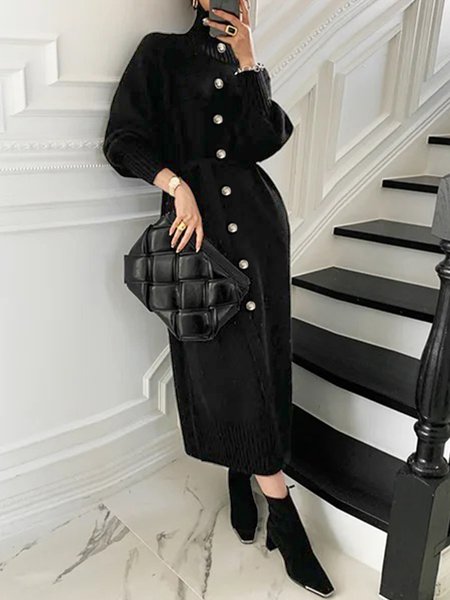 

Loose Long Sleeve Elegant Sweater Dress With Belt, Black, Maxi Dresses