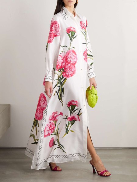

Floral Print Loose Shirt Collar Vacation Dress, White, Maxi Dresses