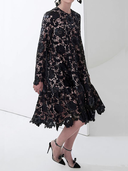 

Elegant Loose Crew Neck Long Sleeve Midi Dress, Black, Midi Dresses