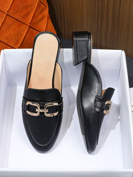 

Black Faux Leather Metal Chain Slip-On Loafer Mules, Flats
