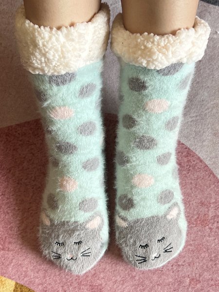 

1pair Women Cartoon Cat Warmth Non-Slip Floor Socks, Aqua, Socks