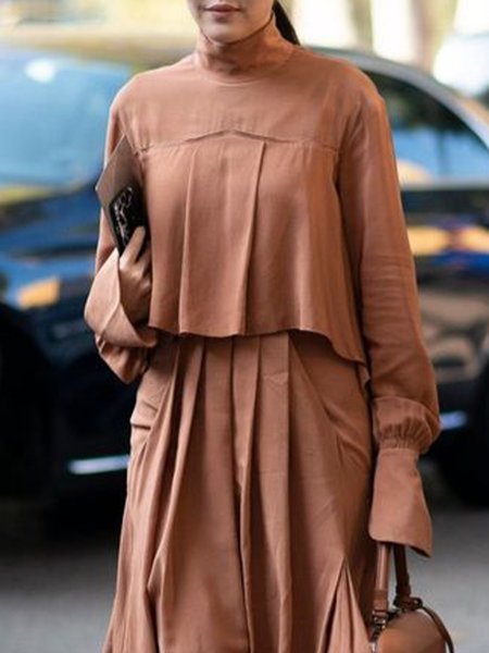 

Loose Plain Stand Collar Urban Blouse, Brown, Blouses and Shirts