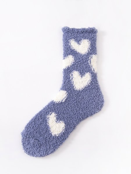 

1pair Women Heart Pattern Warmth Fuzzy Mid-calf Socks, Blue, Socks