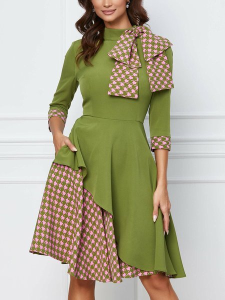 

Bow Regular Fit Pocket Stitching Elegant Stand Collar Dress, Green, Midi Dresses
