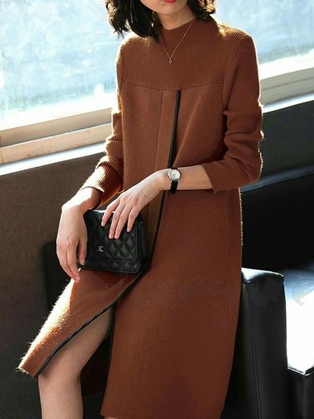 

High Elasticity Plain Stand Collar Elegant Loose Sweater Short Dress, Brown, Mini Dresses