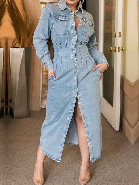 

Regular Fit Urban Long Sleeve Plain Denim Maxi Dress Shirt Dress, Denim blue, Midi Dresses