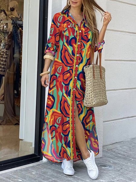 

Shirt Collar Regular Fit Abstract Graphic Urban Dress, Orange, Maxi Dresses