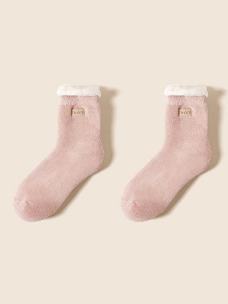 

1pair Women Letters Warmth Furry Lined Mid-calf Socks, Pink, Socks